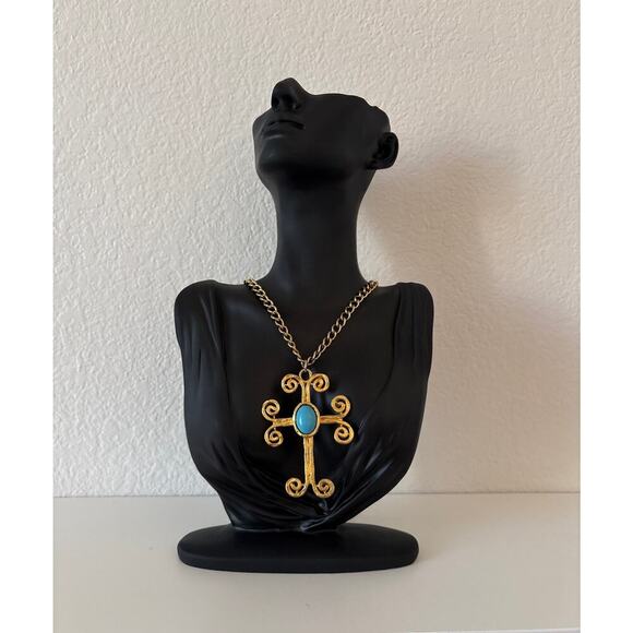 B29 Vintage ART Cross Necklace Faux Turquoise Cabochon Pendant Madonna Gothic - Picture 1 of 8
